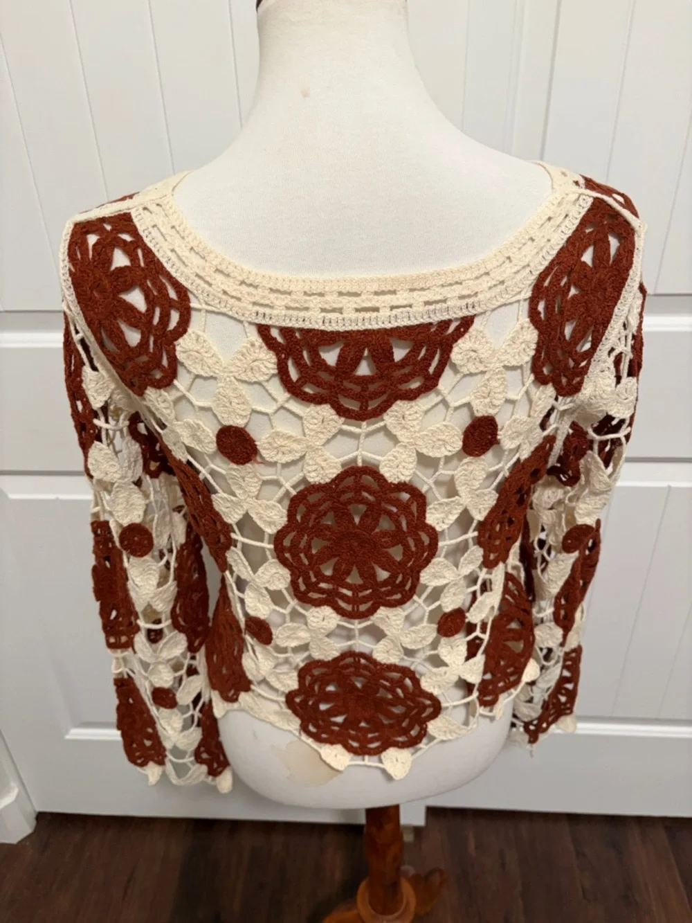 Rebellion Crochet Floral Open-Weave Sweater - Cream & Brown - Picture 3 of 4